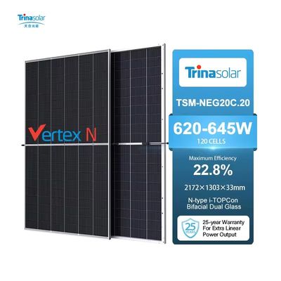 Trina Solar 620-645W PV mono bifacial de vidro duplo com estrutura de liga de alumínio anodizada