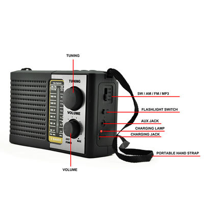 Home Fm Am Sw Rádio portátil movido a energia solar 2W com alto-falante e luz LED